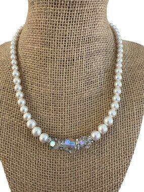 Vintage Faux Pearl Swarovski AB Crystal Necklace Toggle Clasp Choker Collar 17"